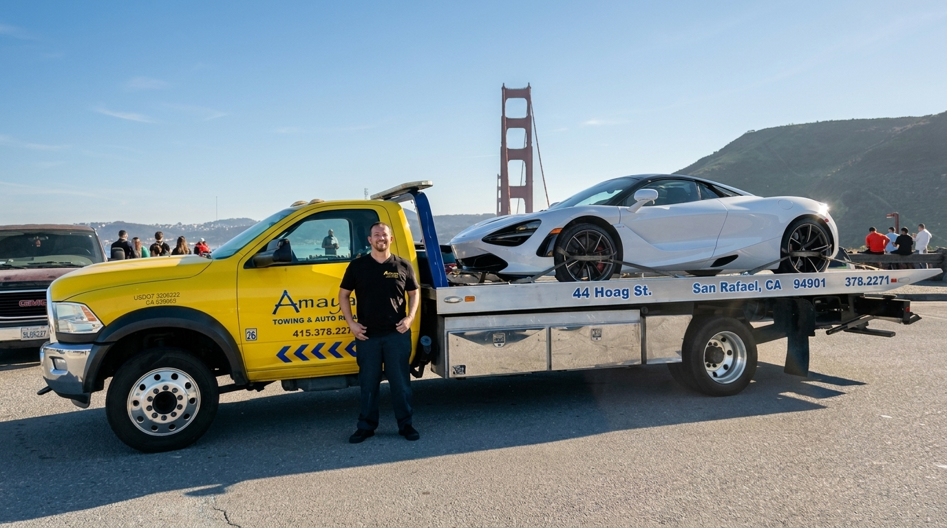 Amaya's family-owned flatbed towing a McLaren past the Golden Gate Bridge